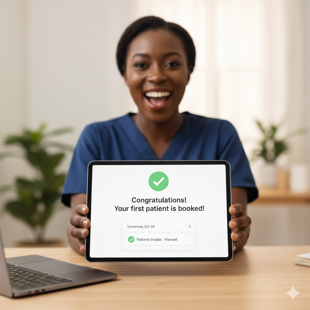 An excited NP celebrates her first telehealth patient booking on a tablet, symbolizing a success