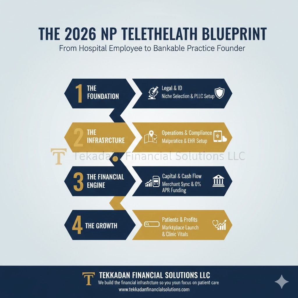High-level infographic for Nurse Practitioners outlining the 4 phases of launching a telehealth practice: Foundation, Infrastructure, Financial Engine, and Growth.