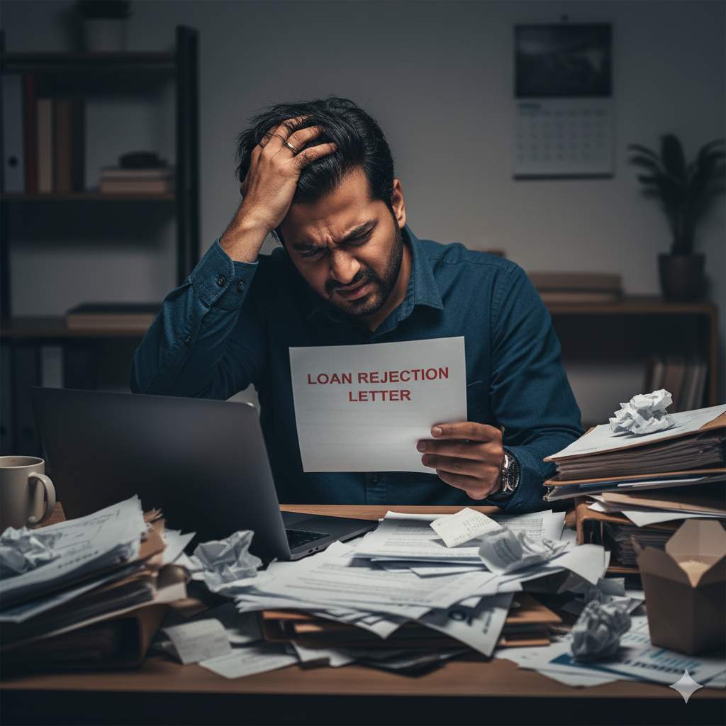 A stressed small business owner sitting at a desk with a laptop and messy papers, looking at a loan 