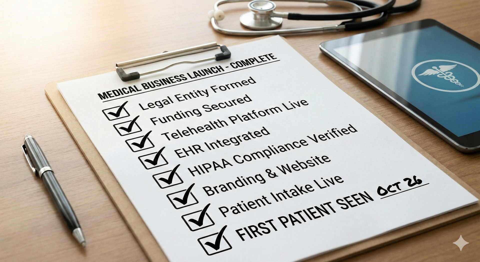 A completed checklist for a medical business launch, showing steps like Entity Formation, Funding Secured, HIPAA Compliance, and Patient Intake Live.