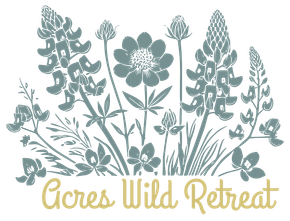 A logo for acres wild retreat with a bunch of flowers