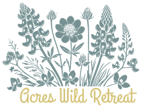 The logo for acres wild retreat shows a bunch of flowers and grass.