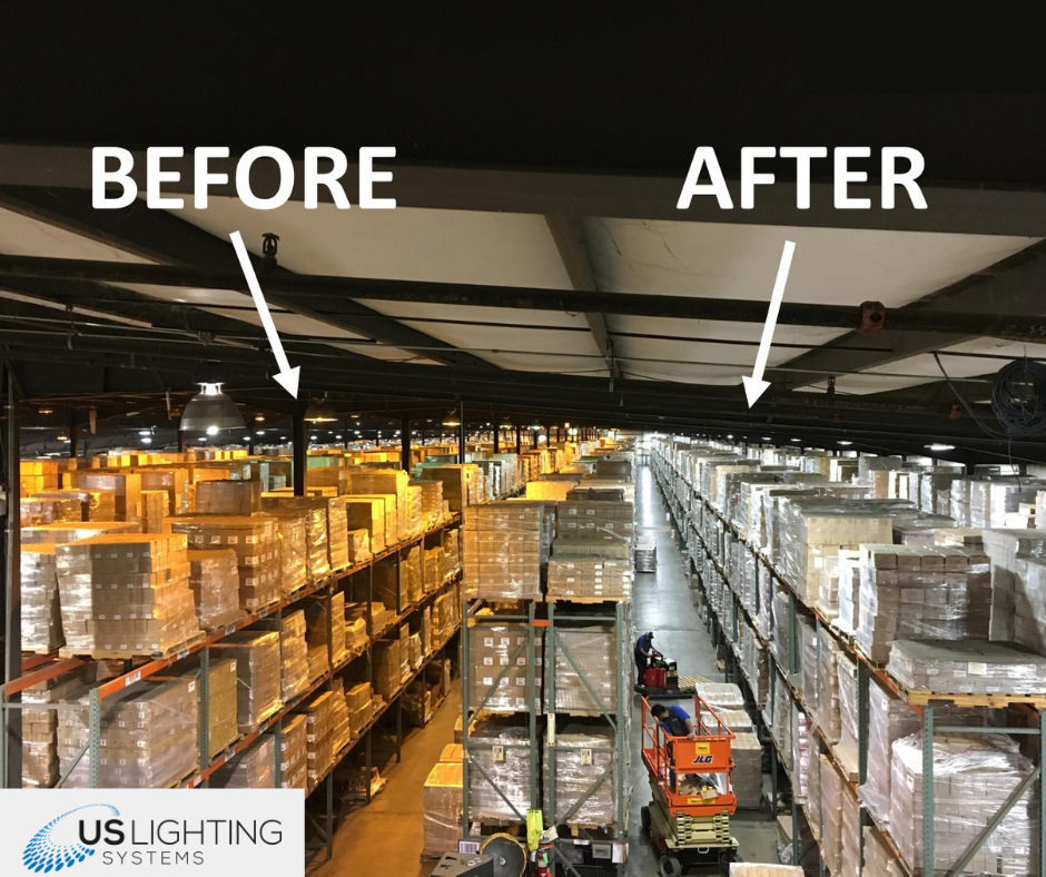 A picture of a warehouse before and after lighting