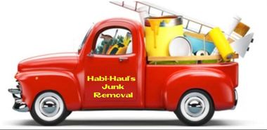 A red truck with the words habit-hauls junk removed on the side