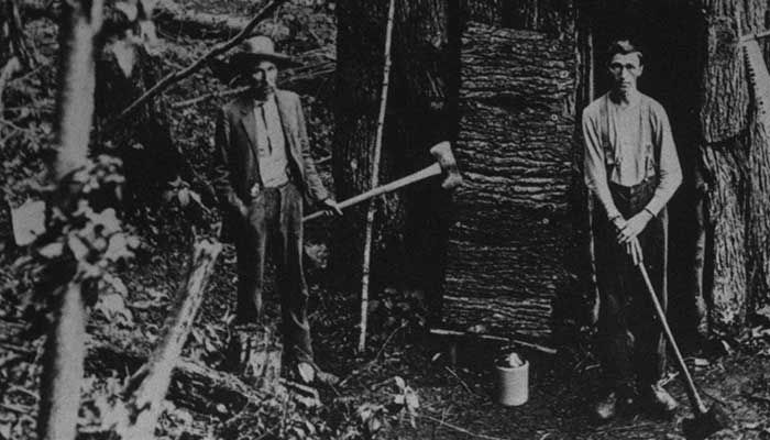 Two men in woods with tools near a structure. One holds an axe, the other a long rod, in a black and white photograph.