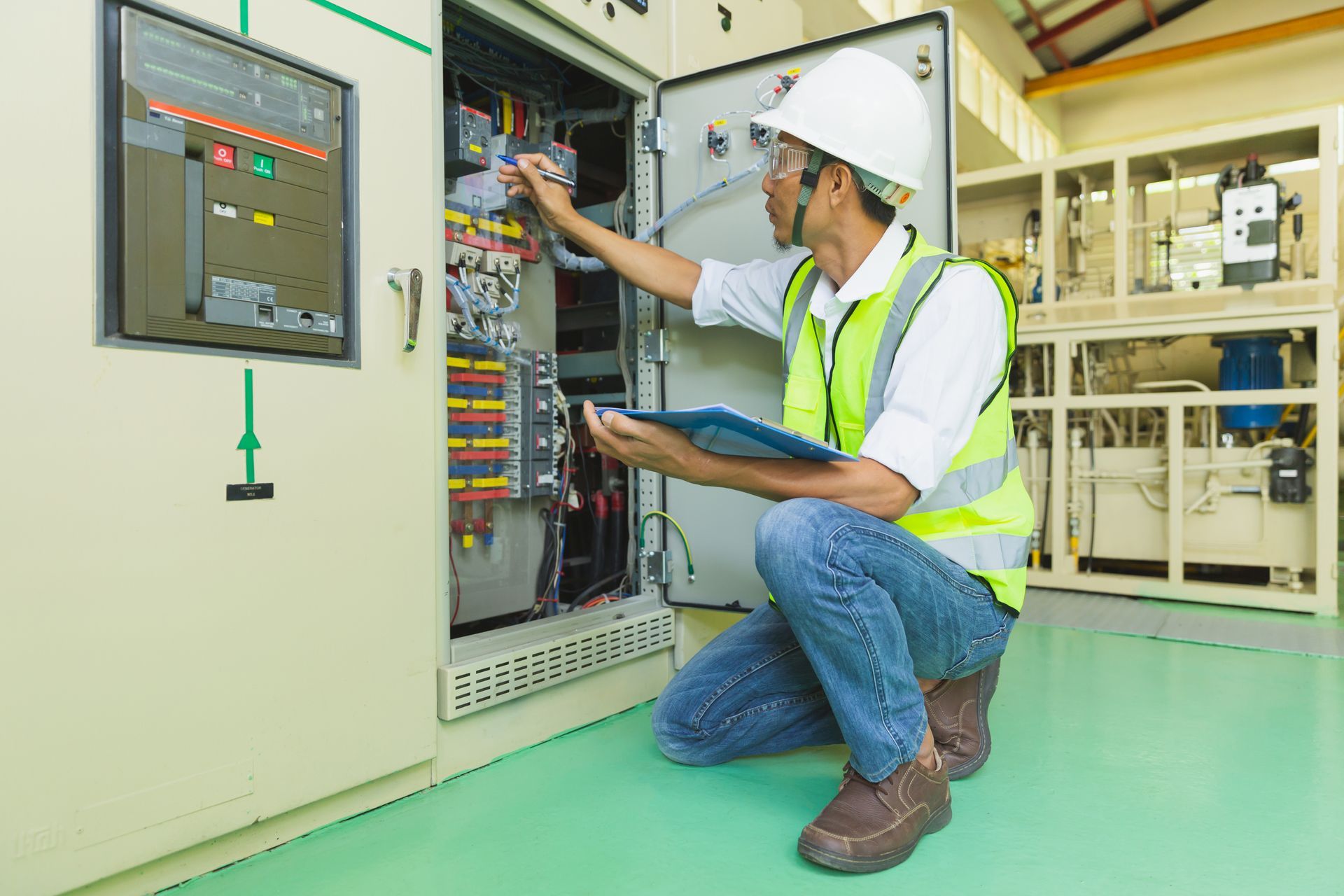 A male technician checks on an electrical generator while holding a notepad.