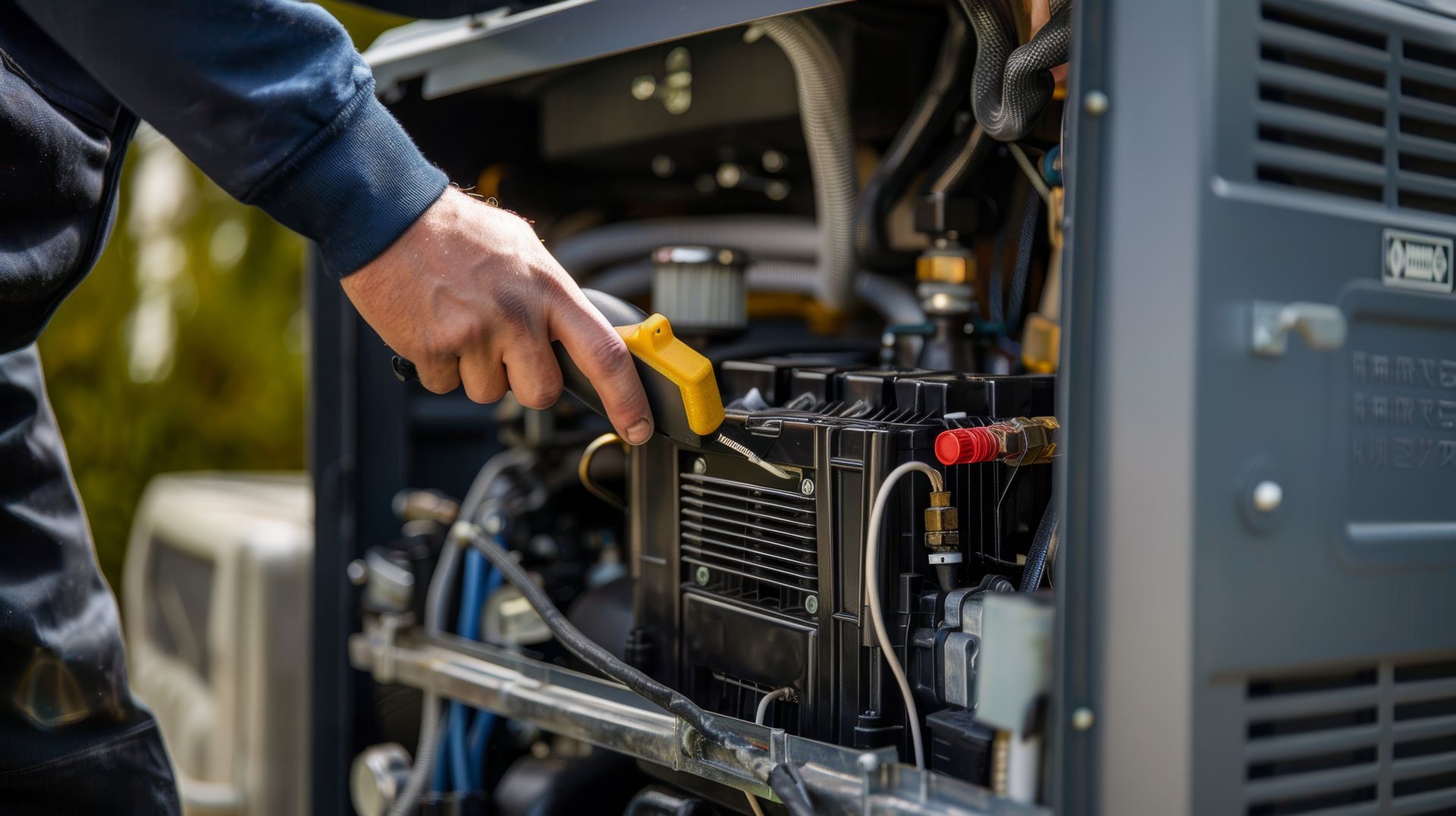 A man performing emergency generator repair, focused on fixing a generator outdoors