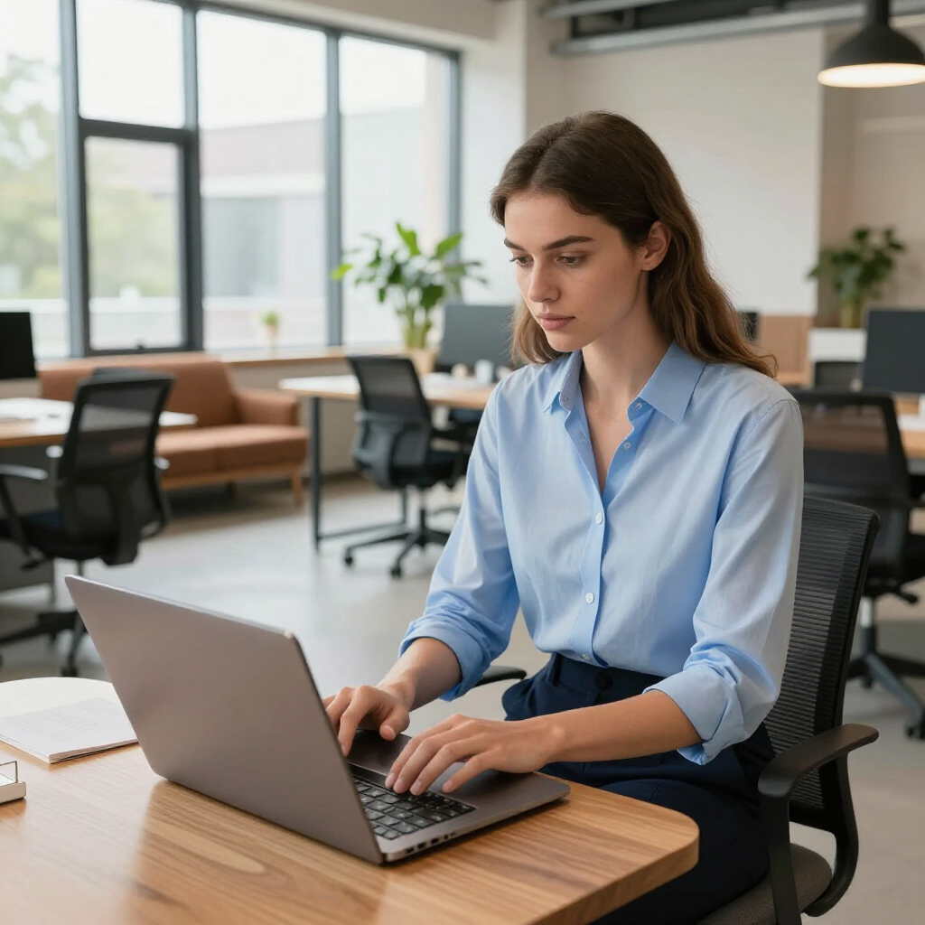 Eine Person in einem hellblauen Hemd arbeitet an einem Laptop an einem Holzschreibtisch in einem hellen, modernen Büro mit weiteren Arbeitsplätzen.