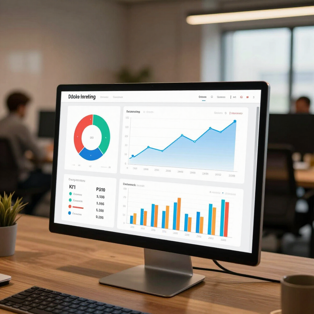 Auf einem Schreibtisch steht ein Computermonitor, der ein Business-Analytics-Dashboard mit einem Donut-Diagramm, einem Liniendiagramm und einem Balkendiagramm zeigt.