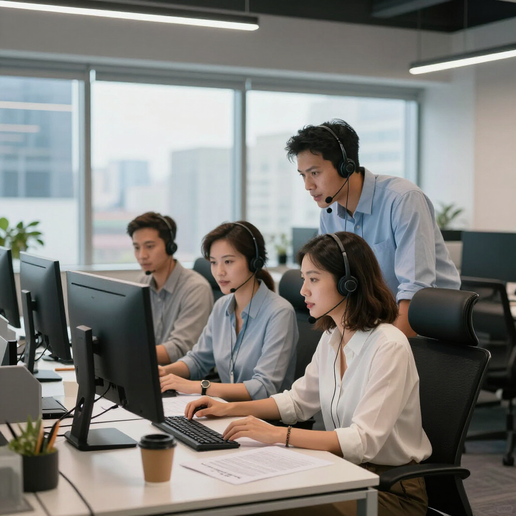 Drei Fachkräfte mit Headsets arbeiten in einem modernen Büro an Computern, während eine Fachkraft steht, um sich mit einem Kollegen zu beraten.