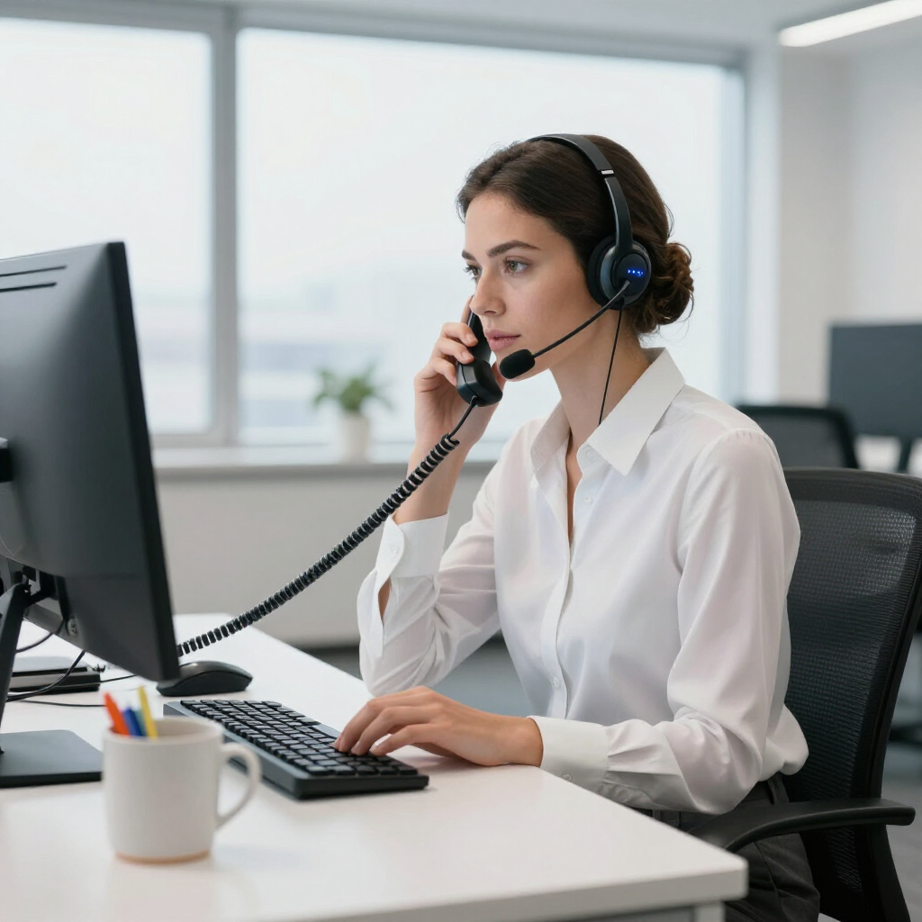 Eine Kundendienstmitarbeiterin in weißem Hemd und Headset arbeitet an einem Computer in einem hell erleuchteten Büro.