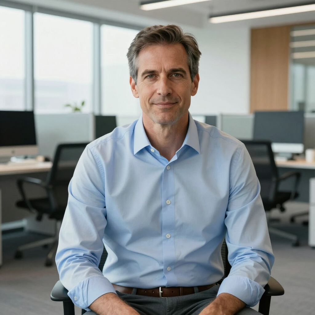 Eine Person in einem hellblauen Hemd sitzt in einem modernen Büro und blickt mit neutralem Gesichtsausdruck in die Kamera.