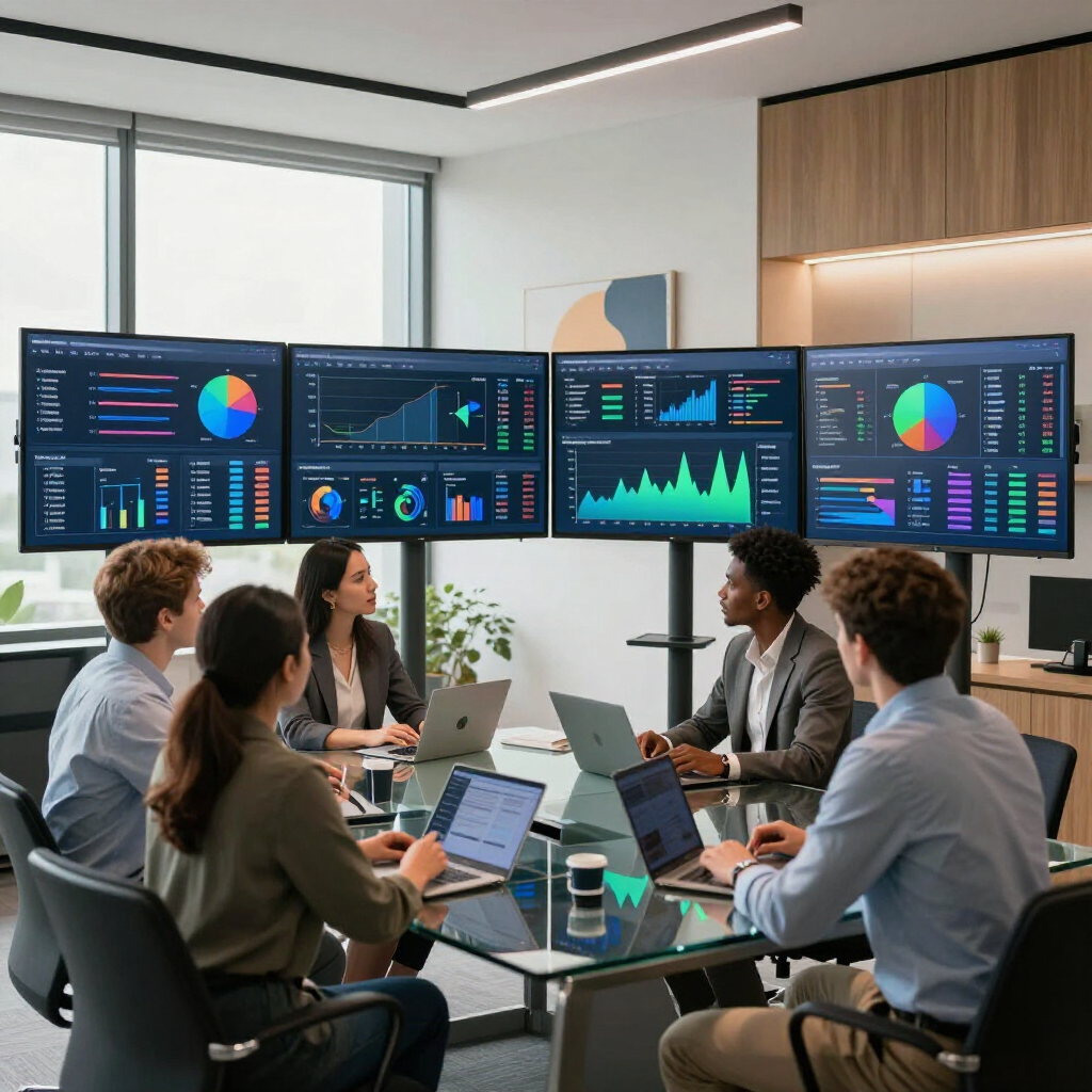 In einem hellen, modernen Bürokonferenzraum begutachtet ein professionelles Team komplexe Datenvisualisierungen auf mehreren Bildschirmen.