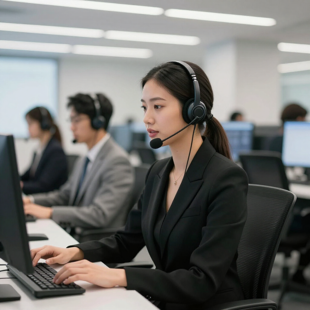 Kundendienstmitarbeiter mit Headsets arbeiten in einem professionellen Büroumfeld an Computern.