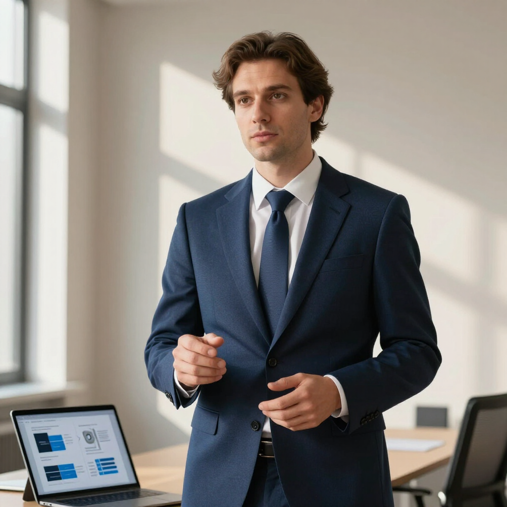 Ein Geschäftsmann im dunkelblauen Anzug spricht in einem Büro, neben einem Laptop, auf dem eine Präsentation läuft.