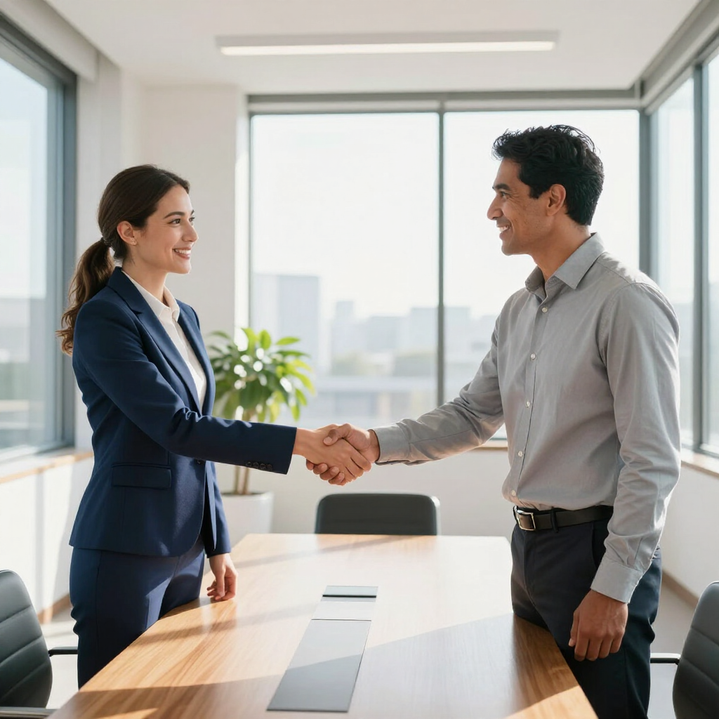 Eine Geschäftsfrau im Hosenanzug und ein Mann im Hemd schütteln sich in einem Büro an einem Konferenztisch die Hände.