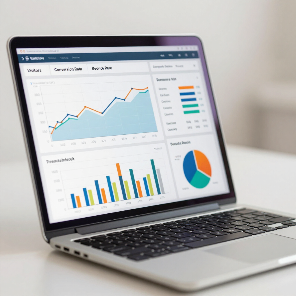Ein Laptop-Bildschirm, auf dem ein Business-Analytics-Dashboard mit Liniendiagrammen, einem Balkendiagramm und einem Kreisdiagramm angezeigt wird.