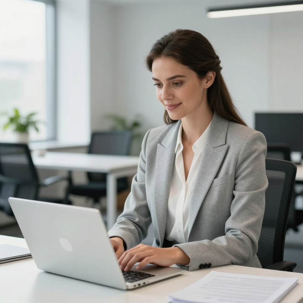 Eine Person in einem professionellen grauen Blazer und weißem Hemd tippt an einem Laptop an einem hellen, modernen Büroschreibtisch.