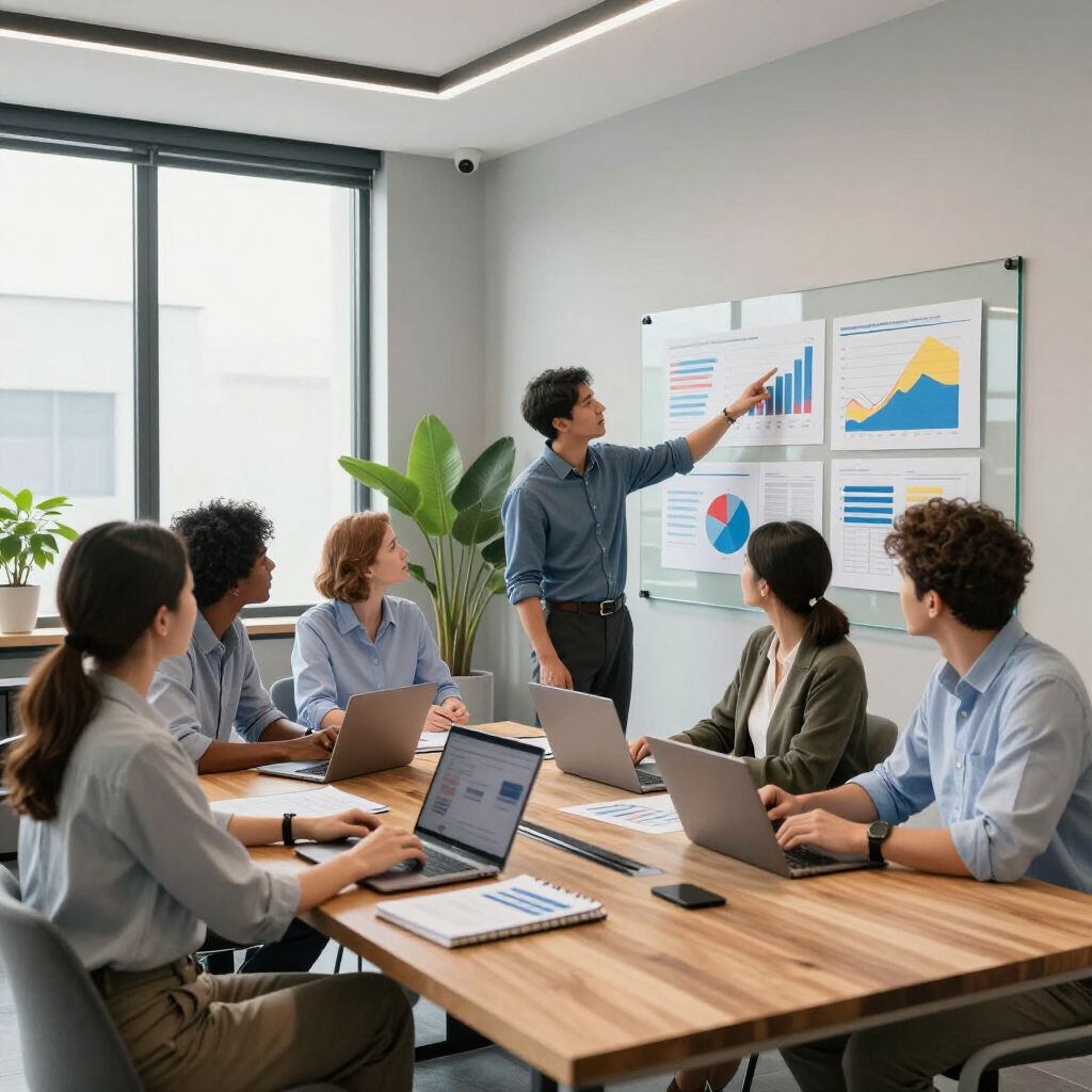 Eine Gruppe von Fachleuten arbeitet in einem Büro zusammen und betrachtet Diagramme an einer Glaswand, während eine Person auf die Daten zeigt.