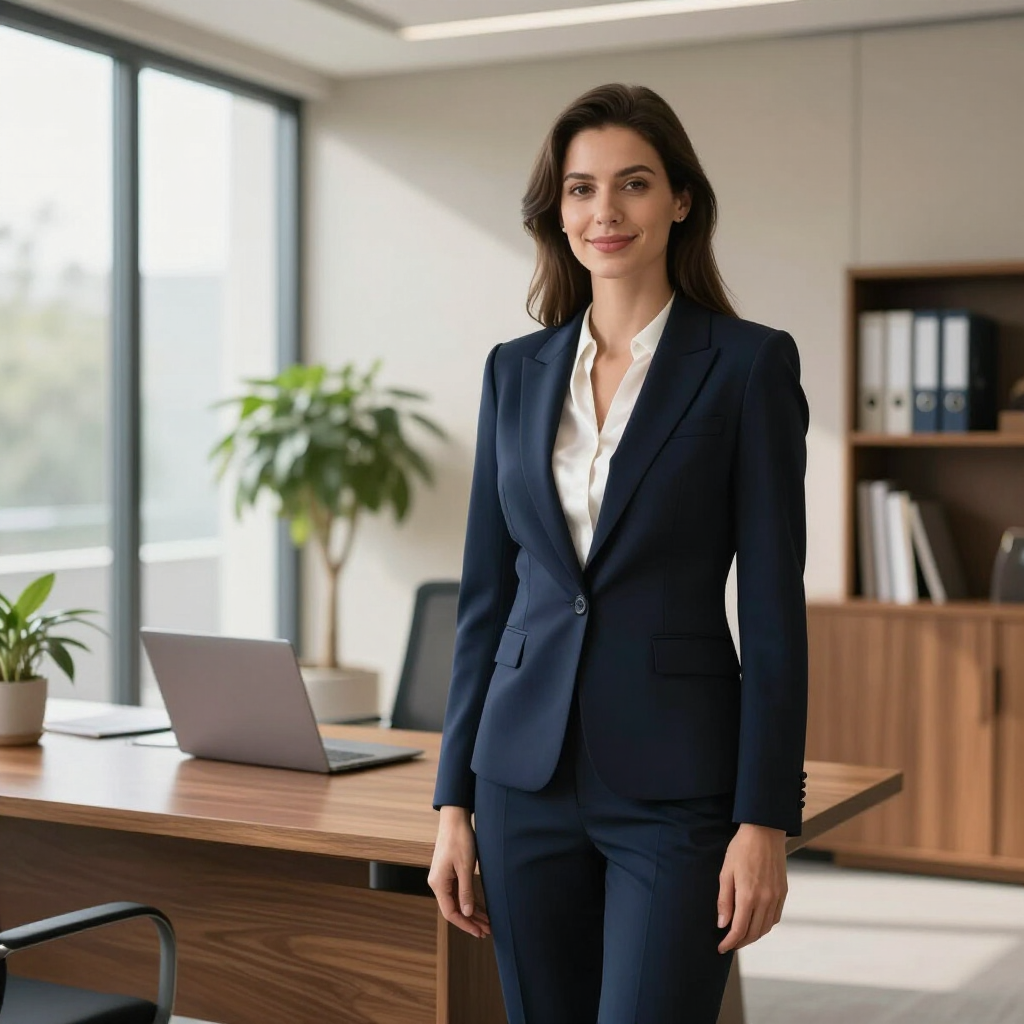 Ein Geschäftsmann steht in einem Büro, trägt einen dunkelblauen Anzug und ein weißes Hemd; in der Nähe befinden sich ein Schreibtisch, ein Laptop und ein Bücherregal.