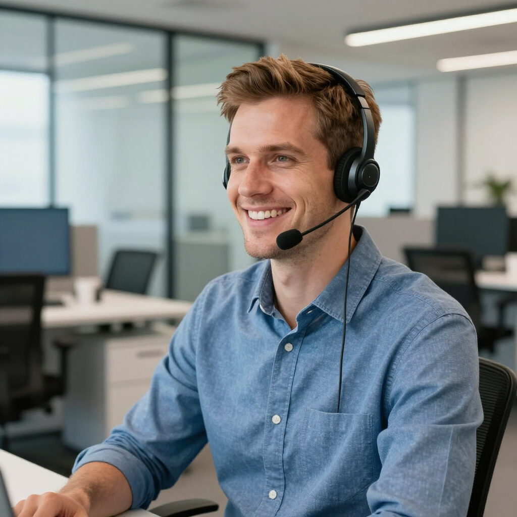 Eine lächelnde Person in einem blauen Hemd mit Knöpfen trägt ein Headset und arbeitet an einem Schreibtisch in einem modernen Büro.