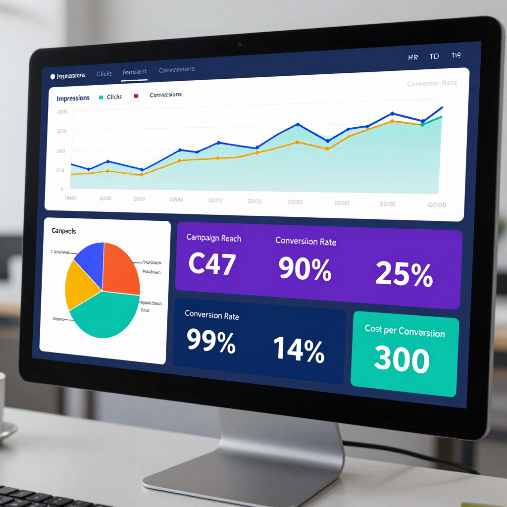 Auf einem Computermonitor auf einem Schreibtisch wird ein Business-Dashboard mit Linien- und Kreisdiagrammen, Leistungskennzahlen und Prozentangaben angezeigt.