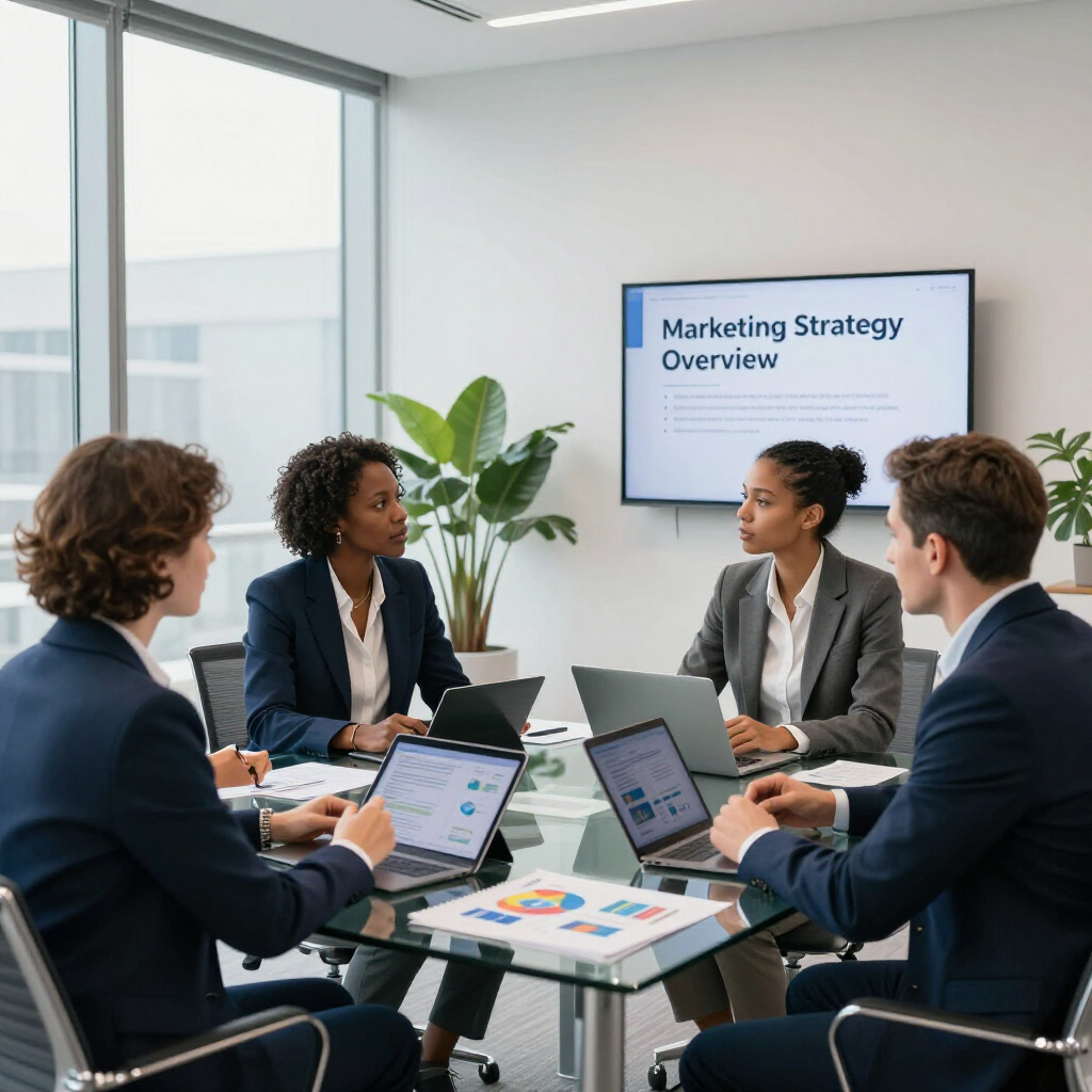 Vier Geschäftsleute arbeiten während einer Marketingstrategiebesprechung an einem Glastisch in einem modernen, sonnendurchfluteten Büro zusammen.