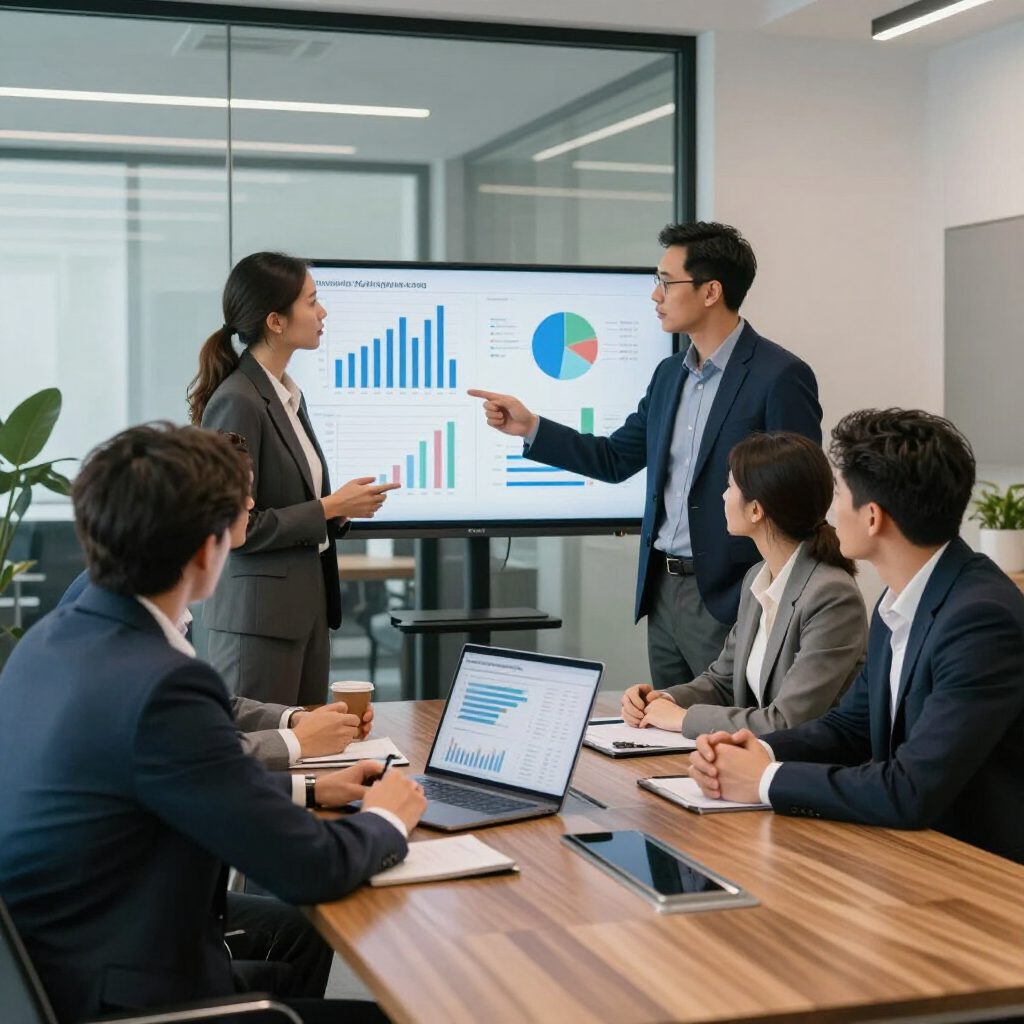 Ein Team in professioneller Kleidung hält eine Geschäftsbesprechung ab, wobei zwei Personen auf Datendiagramme auf einem großen Bildschirm deuten.