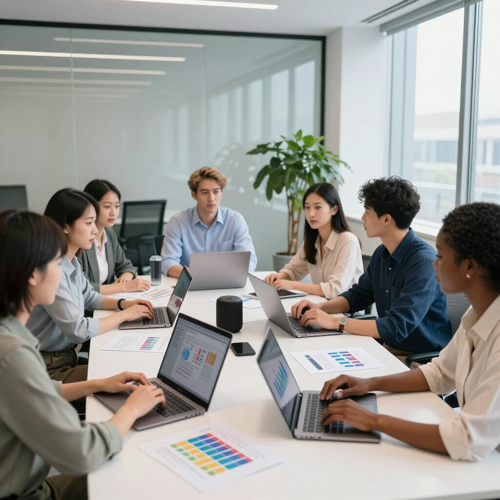 Eine bunt zusammengewürfelte Gruppe von Kollegen sitzt in einem Büro um einen Konferenztisch und arbeitet während einer Besprechung an ihren Laptops.