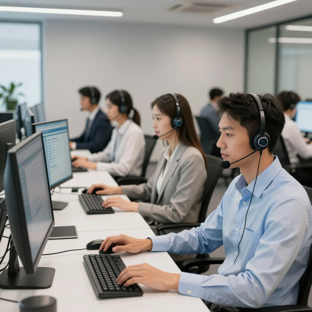 Kollegen mit Headsets arbeiten an Computern in einem professionellen, modernen Büroumfeld.