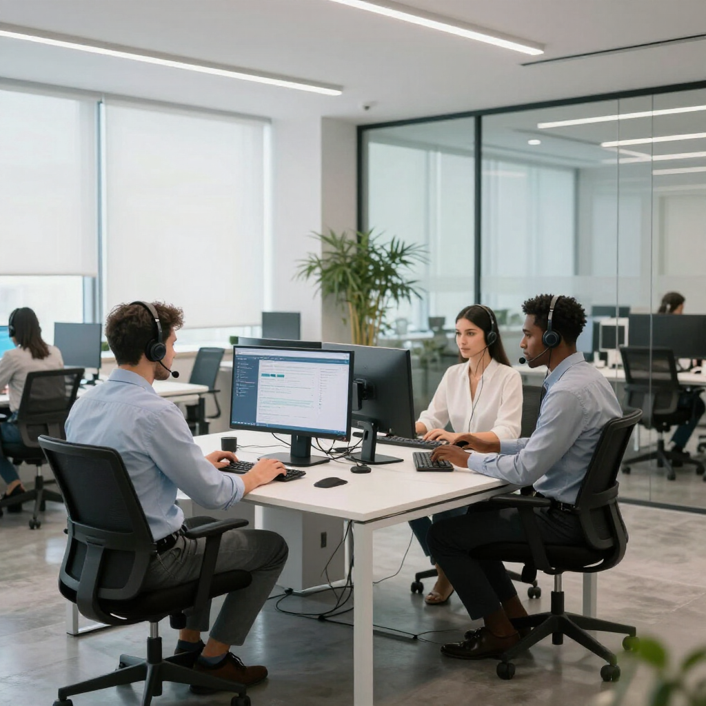 Drei Fachkräfte mit Headsets arbeiten an Computern in einem hellen, modernen Büro mit Glaswänden.