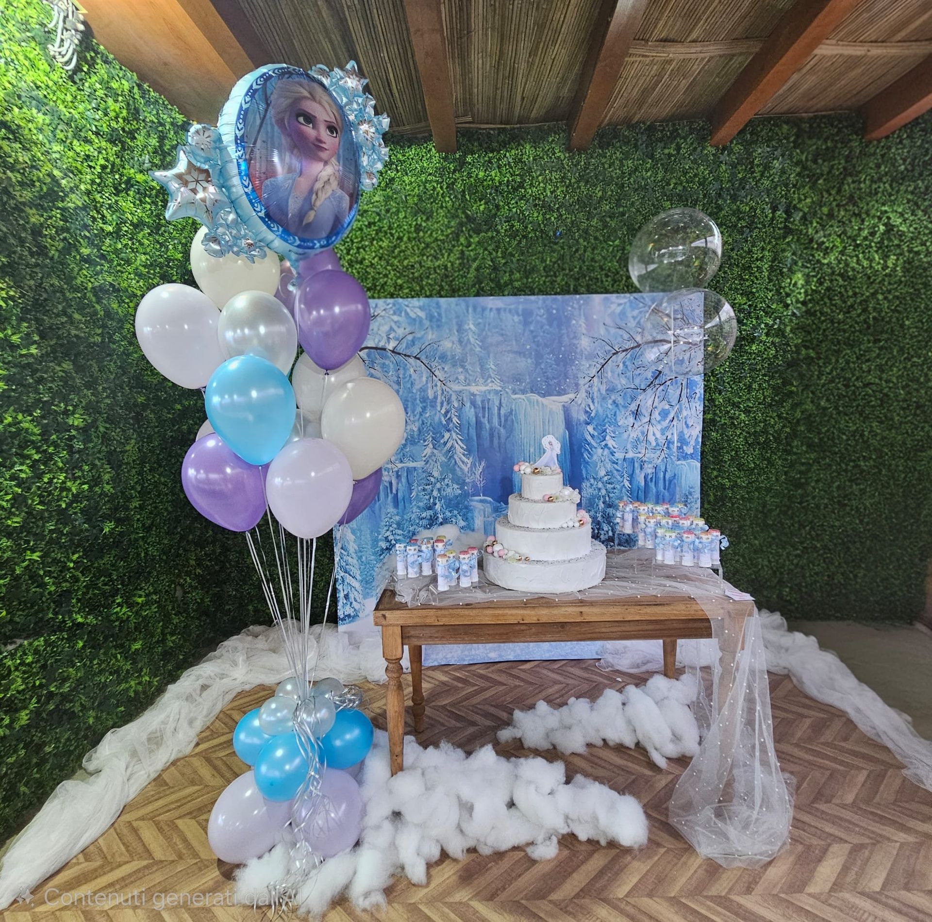 Allestimento per una festa a tema Frozen con torta, palloncini e uno sfondo innevato.