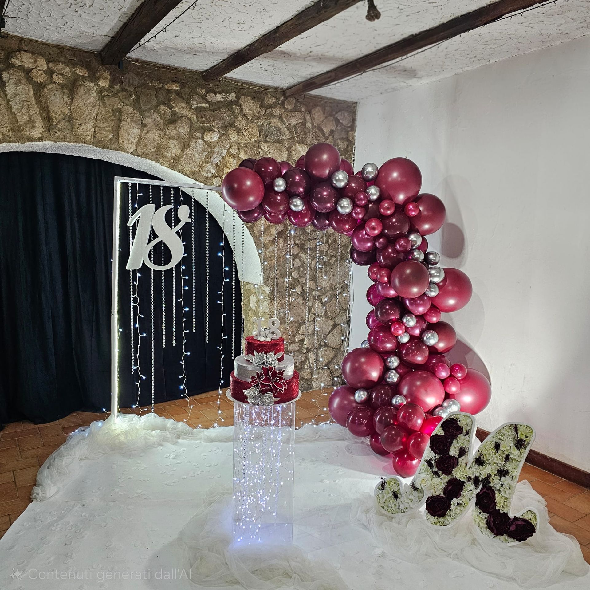 Festa di compleanno con arco di palloncini color bordeaux, torta su piedistallo e iniziali floreali contro un muro di pietra.