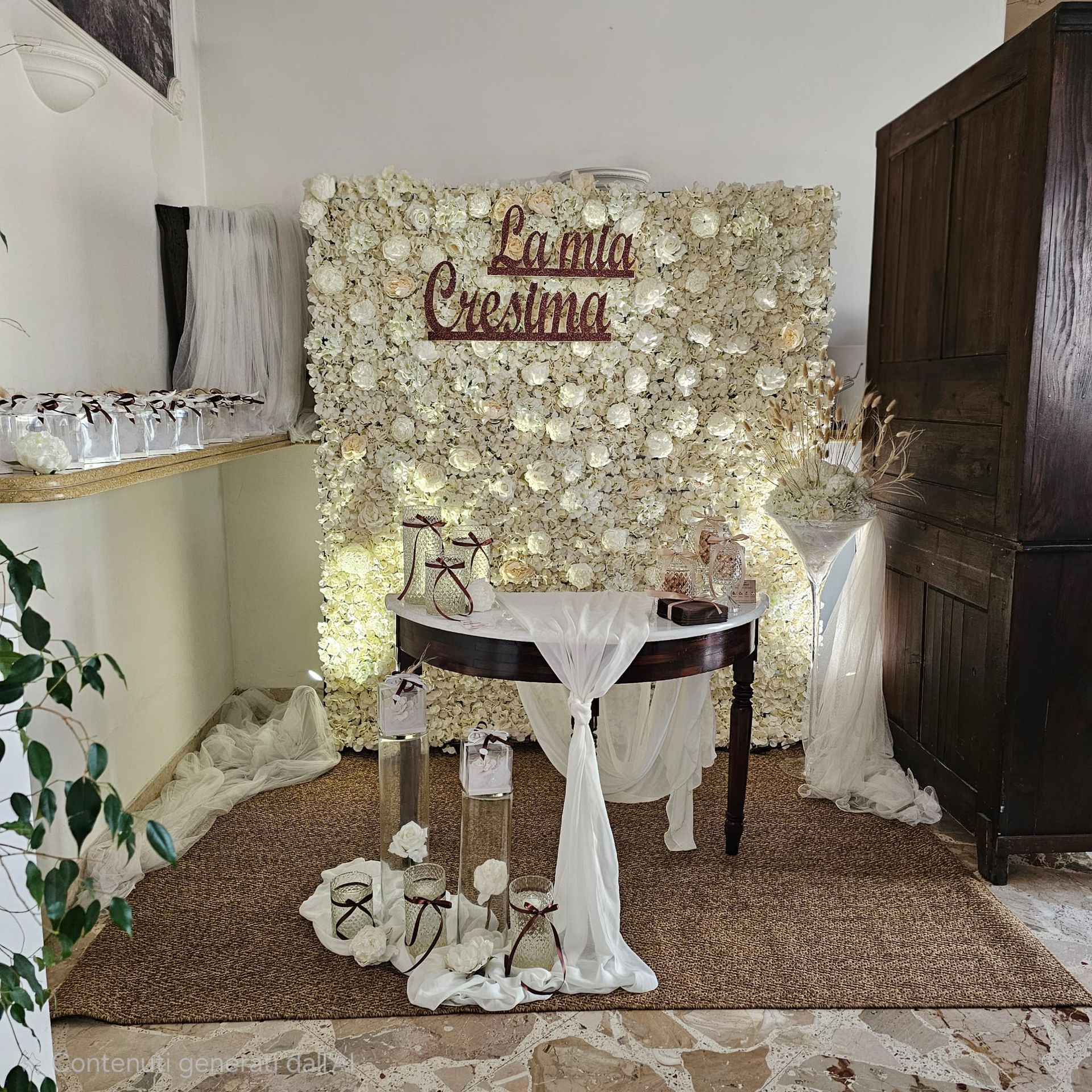 Area ricevimento di nozze con parete floreale, tavolo ed elementi decorativi.