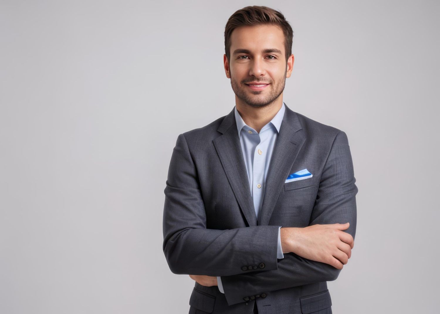 A man in a suit is standing with his arms crossed and smiling.