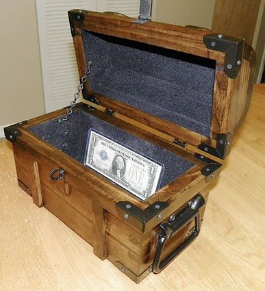 A wooden chest with a dollar bill in it