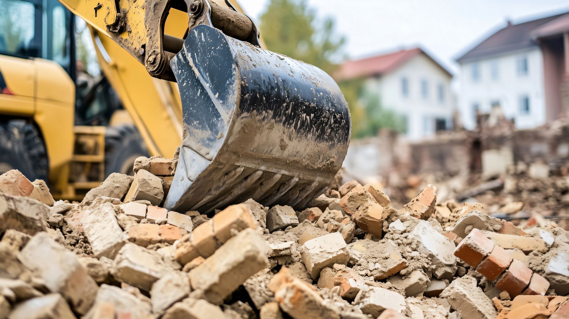 Close-up of a yellow excavator bucket on debris, highlighting a demolition contractor at work.