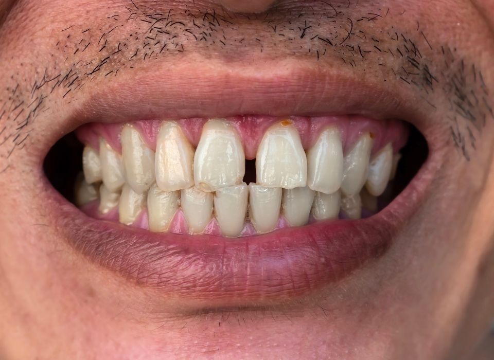 Close-up of a person's mouth, showing visible teeth, including a gap between the two front teeth.