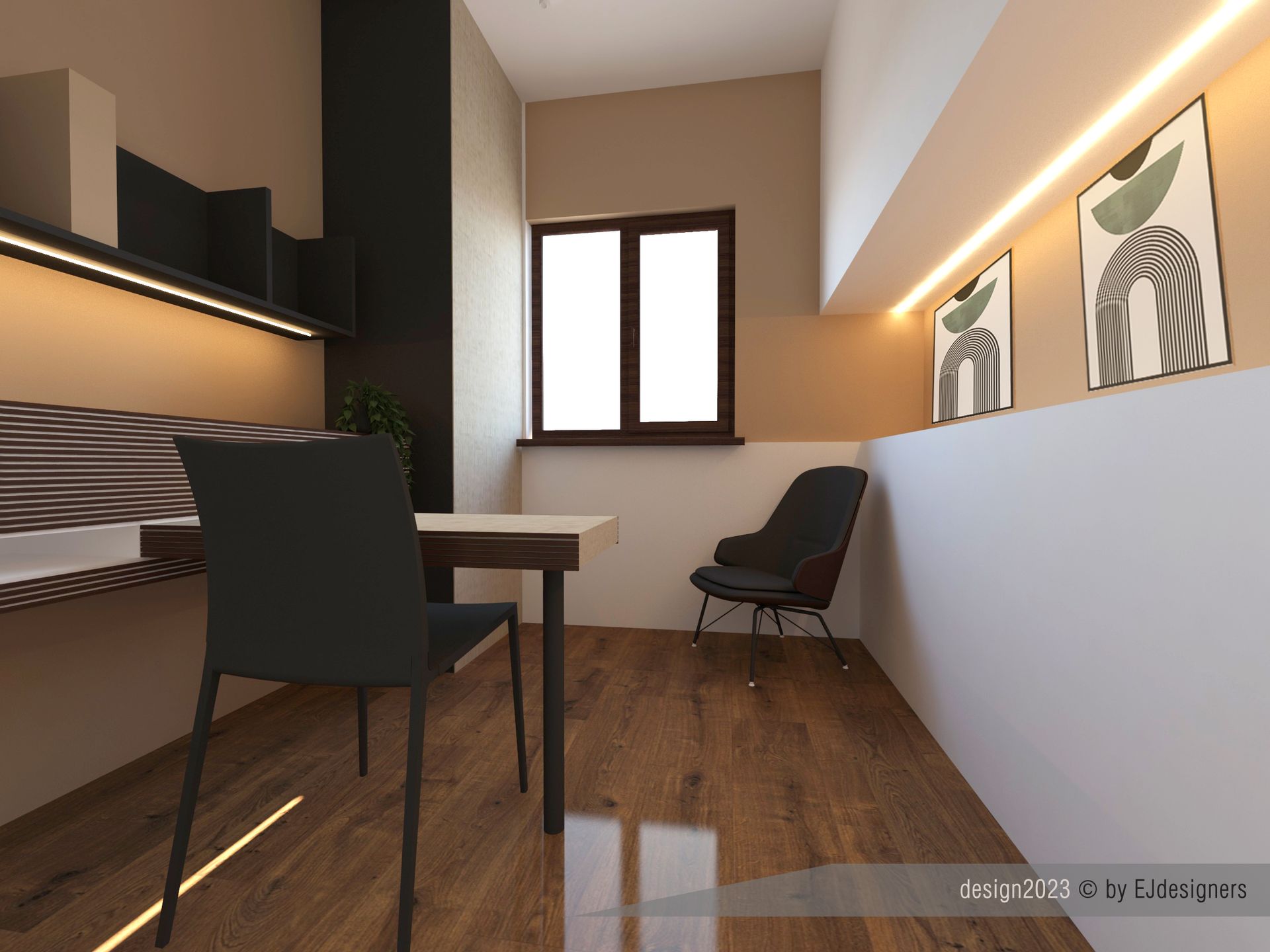 Moderna sala da pranzo con tavolo, sedie e opere d'arte; toni neutri e pavimento in legno.