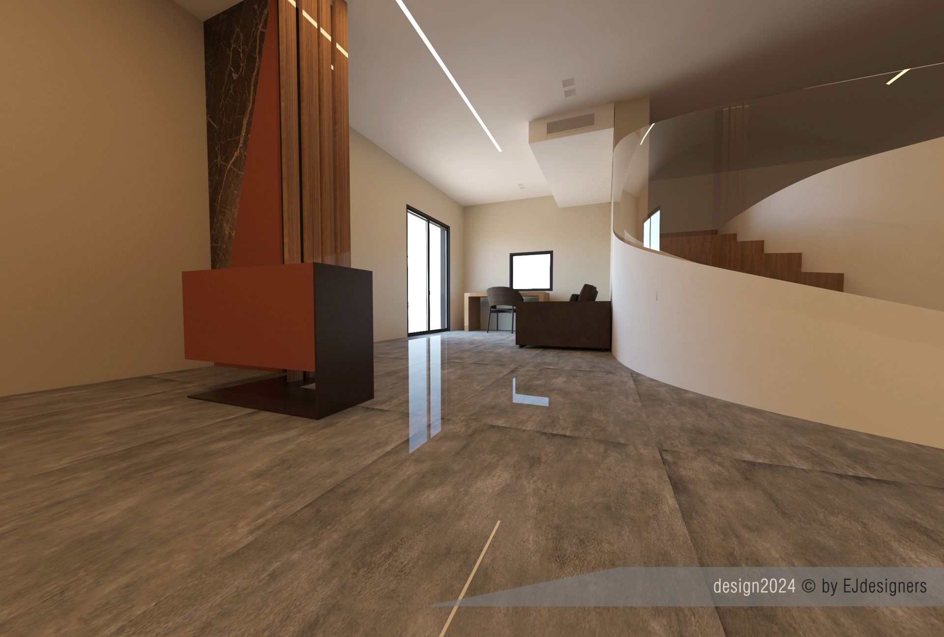 Interni moderni con camino, scale e pavimenti lucidi.