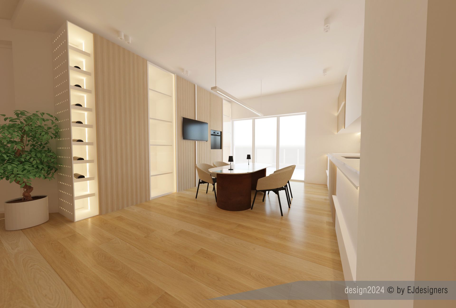 Una moderna sala da pranzo con tavolo rotondo, sedie e pavimento in legno. Sono visibili una rastrelliera per il vino e una grande pianta in vaso.