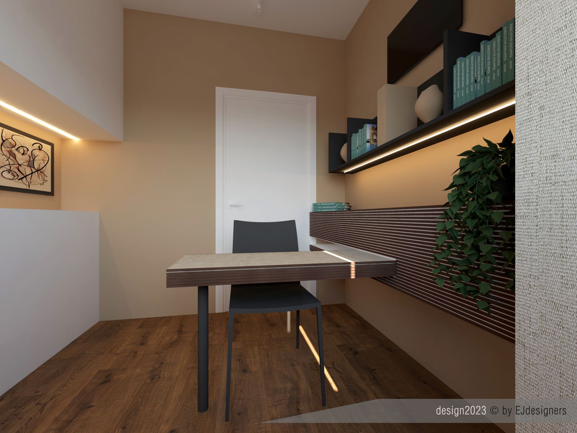 Moderno ufficio in casa con scrivania, sedia, scaffali e illuminazione integrata.