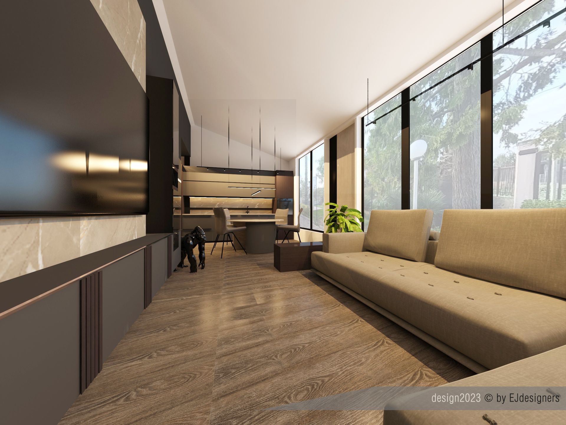 Soggiorno moderno con un lungo divano beige, ampie finestre e un mobile TV scuro.