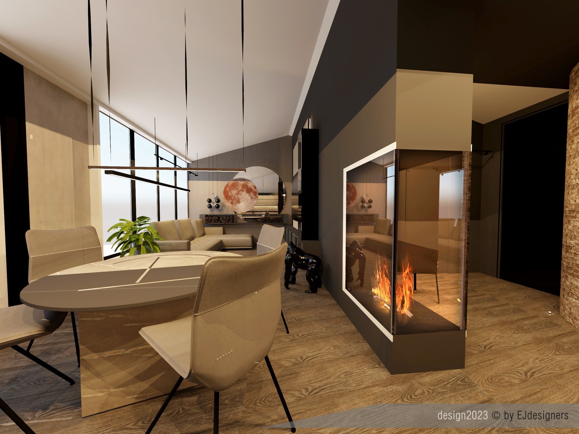 Moderna sala da pranzo con tavolo rotondo, sedie, camino e open space.