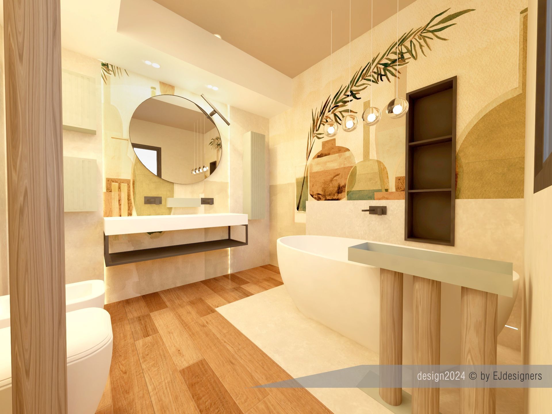 Bagno moderno con vasca, pavimento in legno e opere d'arte decorative alle pareti.