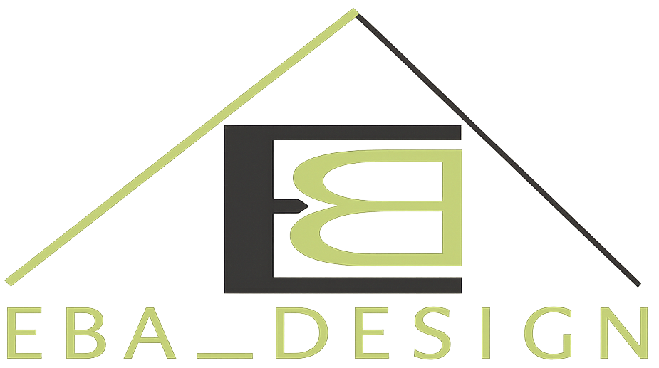 Logo: EBA Design, lettere nere e verdi all'interno di un quadrato nero, incorniciato dal contorno del tetto verde e nero.