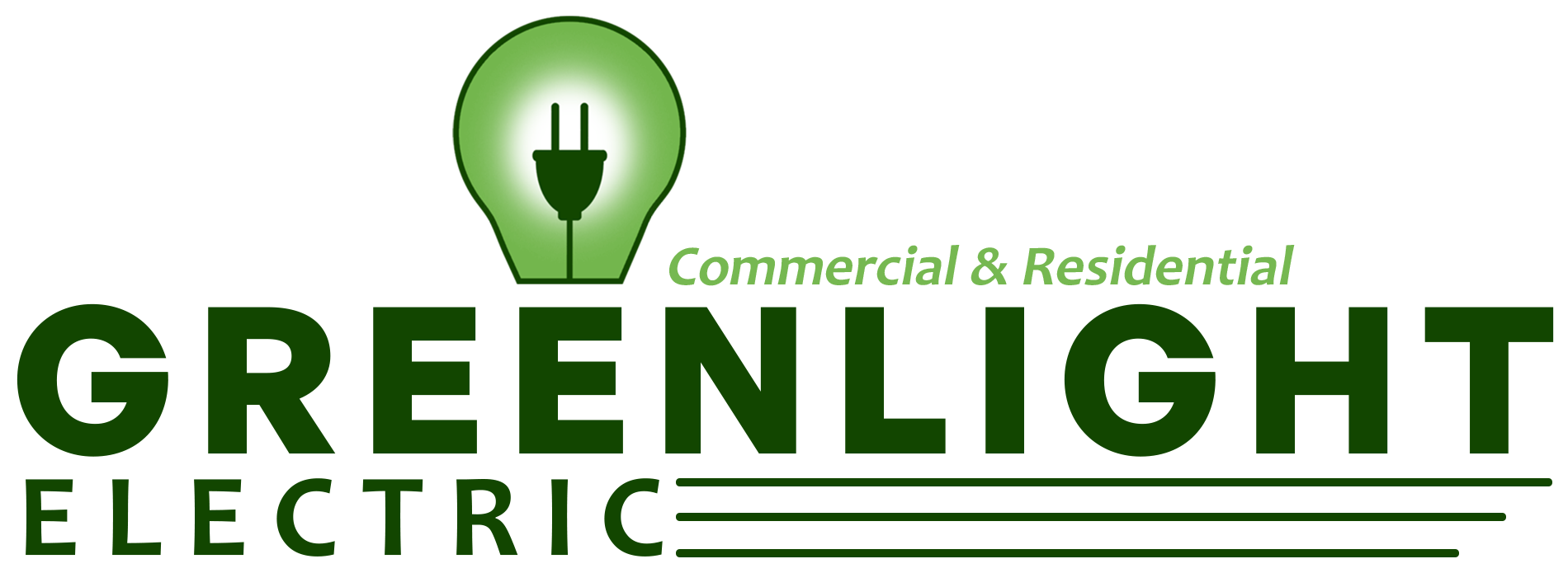 The logo for greenlight electric shows a light bulb with a plug in it.