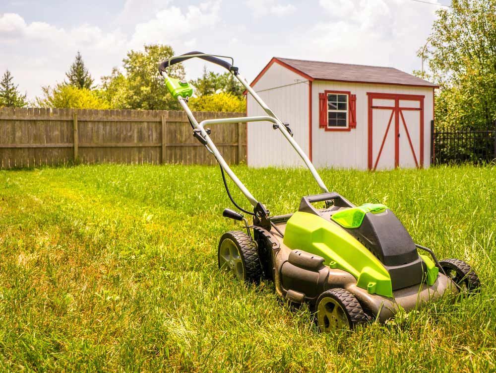 A Lawn Mower is Sitting in the Grass in Front of a Shed — Great Lakes Mowers & Chainsaws In Tuncurry, NSW