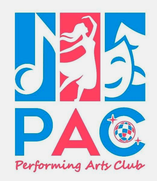 Logo for Performing Arts Club: Blue and red design with dancing silhouette, music note, comedy mask, and disco ball.