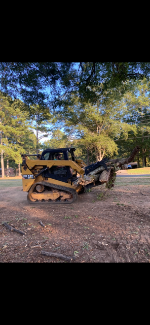 A yellow skid steer with a stump grinder attachment is grinding a stump in a grassy area.